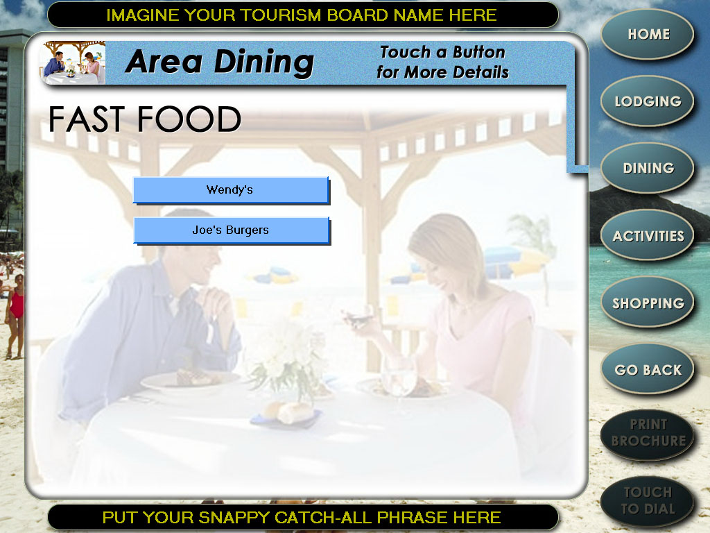 Tourism Kiosk Dining Sub-Menu Screen